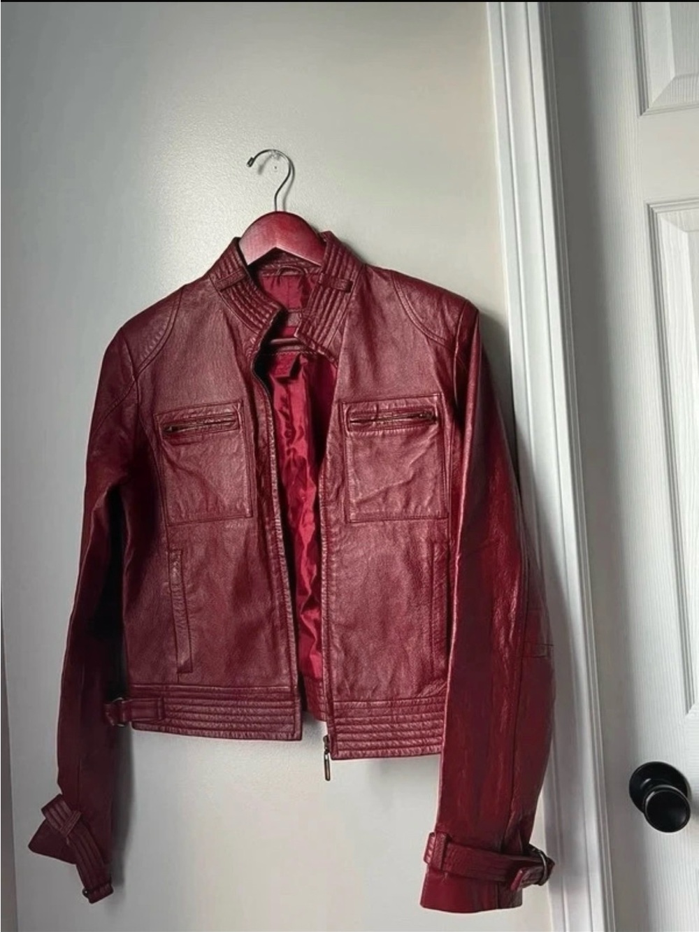 Women's Red Leather Moto Jacket - Classic Zip Front